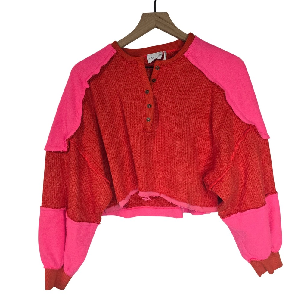 Out From Under Jojo Henley Crop Top Women L Red Pink Cotton Colorblock OB1395735